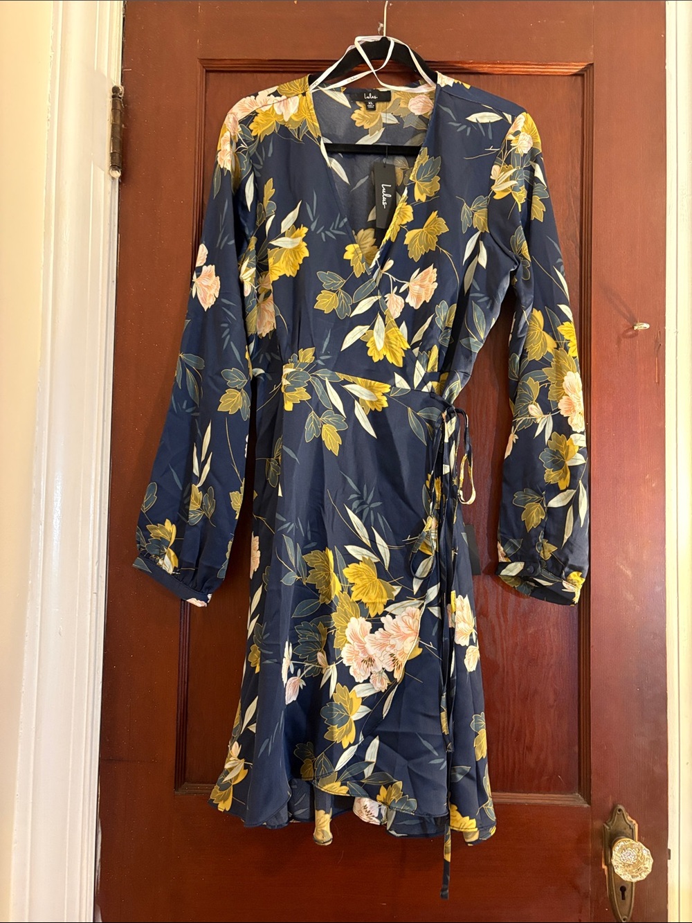 Lulu's Navy Floral Wrap Dress with Yellow & Blush Blooms